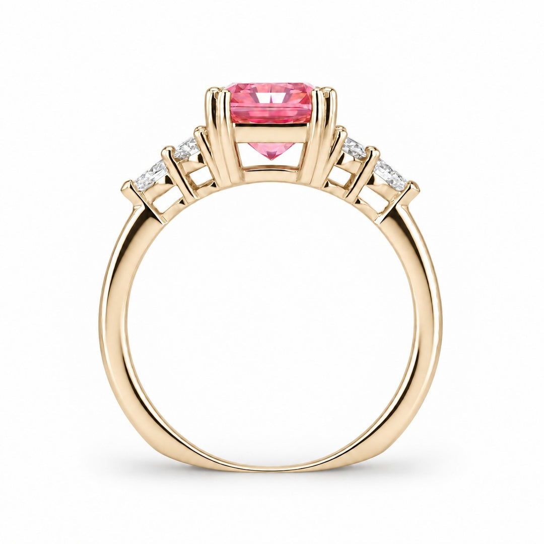 The Padma radiant pink lab sapphire ring in 14K yellow gold, profile view