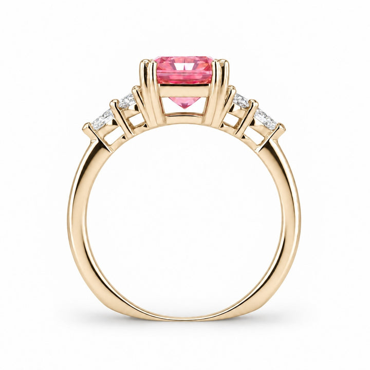 The Padma radiant pink lab sapphire ring in 14K yellow gold, profile view
