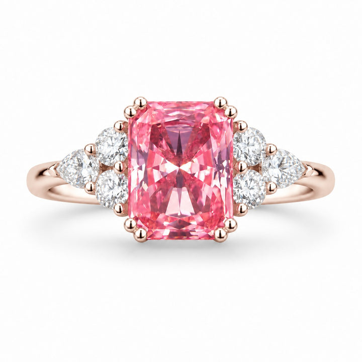 The Padma — Pink Radiant Sapphire with Diamond Accents Ring in 14K rose gold, front view