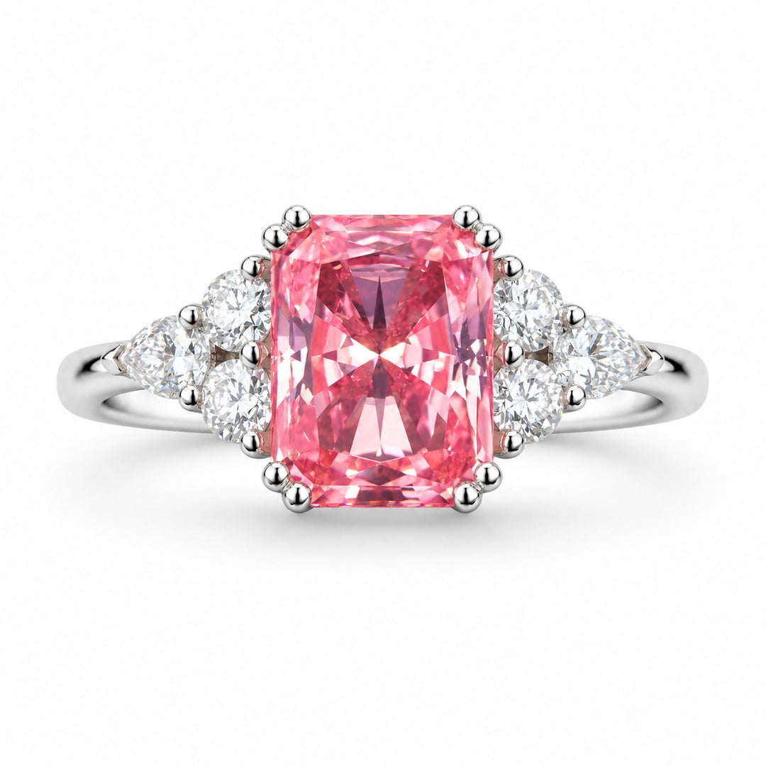 The Padma — Pink Radiant Sapphire with Diamond Accents Ring in 14K white gold, front view