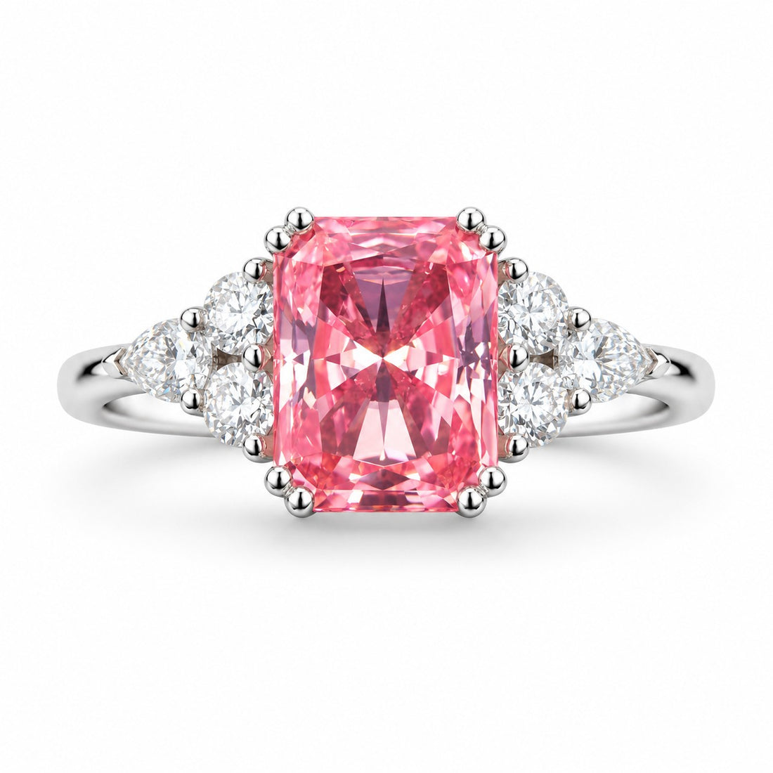 The Padma — Pink Radiant Sapphire with Diamond Accents Ring in 14K white gold, front view