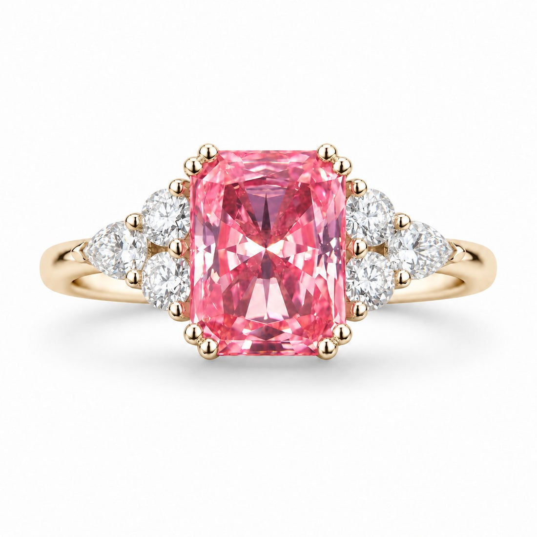 The Padma — Pink Radiant Sapphire with Diamond Accents Ring in 14K yellow gold, front view