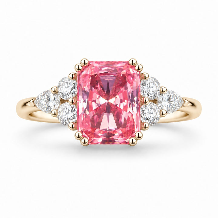 The Padma — Pink Radiant Sapphire with Diamond Accents Ring in 14K yellow gold, front view