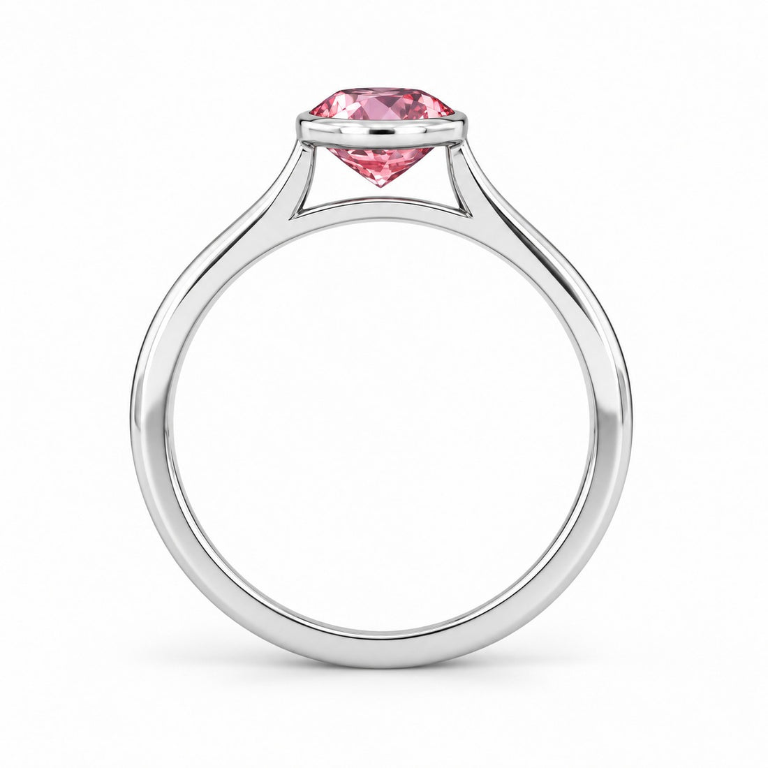The Lune pink lab sapphire bezel solitaire ring in 14K white gold, profile view