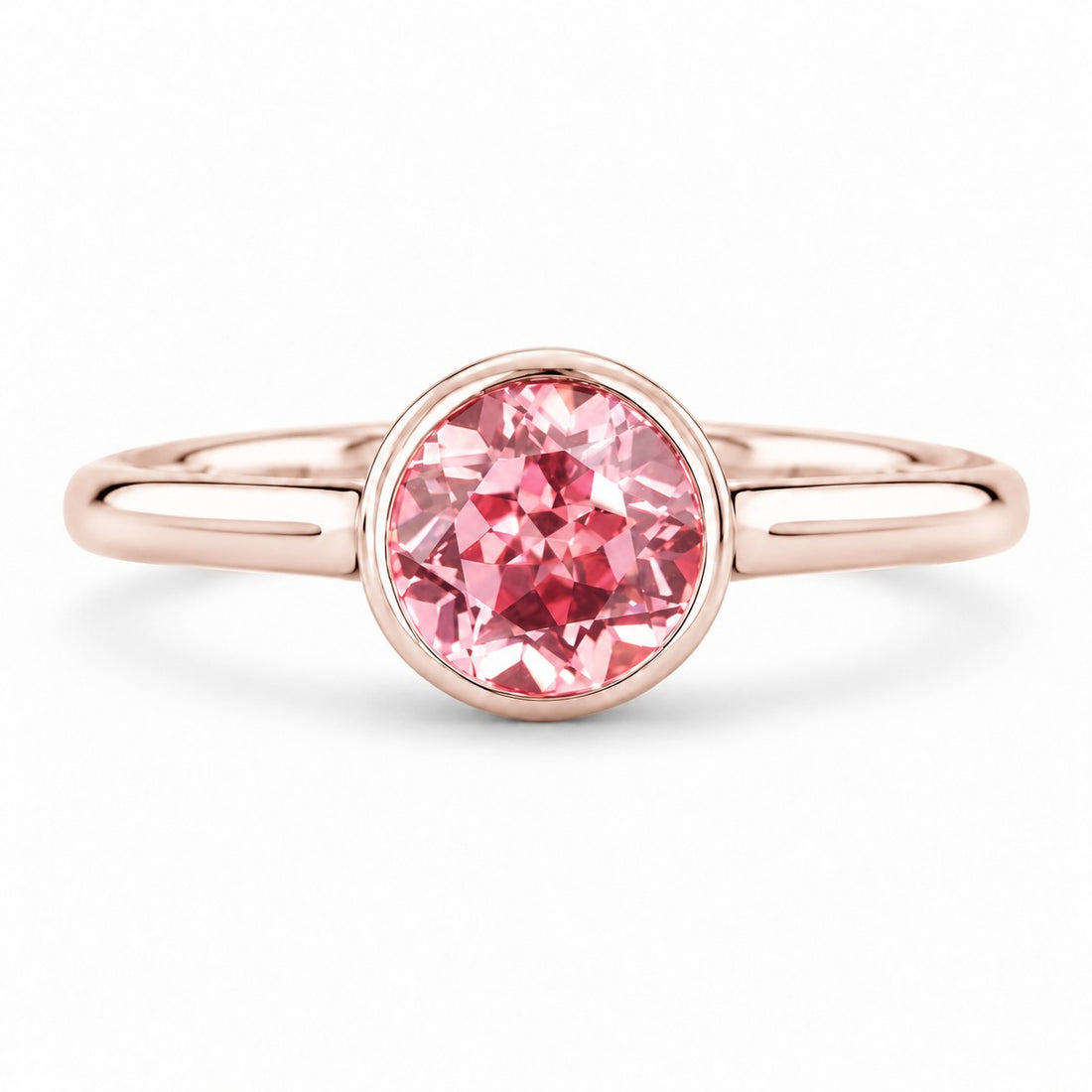 The Lune — Pink Round Sapphire Bezel Solitaire Ring in 14K rose gold, front view