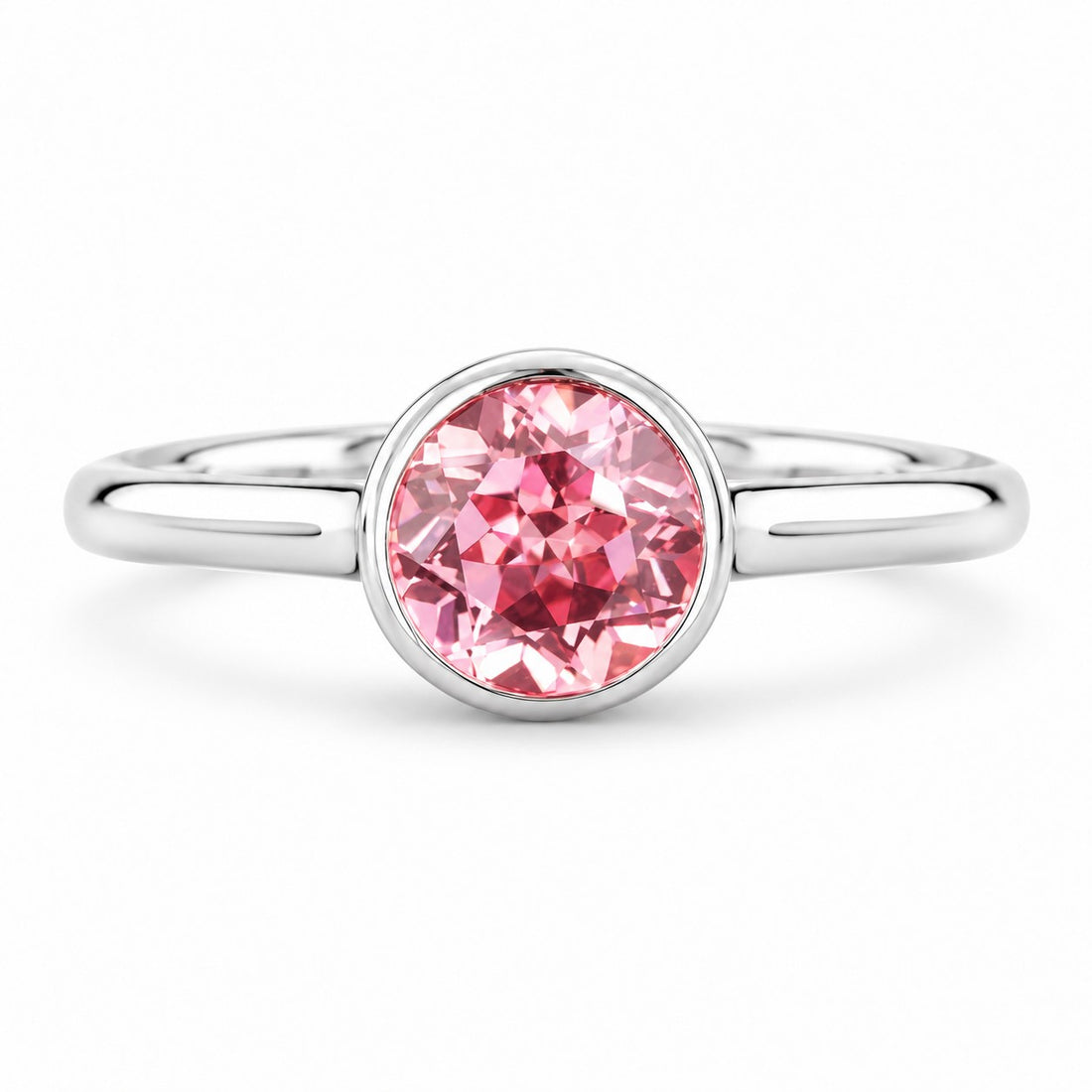 The Lune — Pink Round Sapphire Bezel Solitaire Ring in 14K white gold, front view