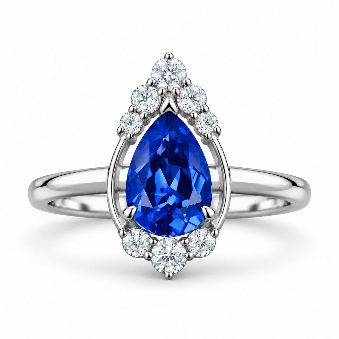 The Teardrop — Blue Pear Sapphire with Diamond Halo Ring in platinum, front view