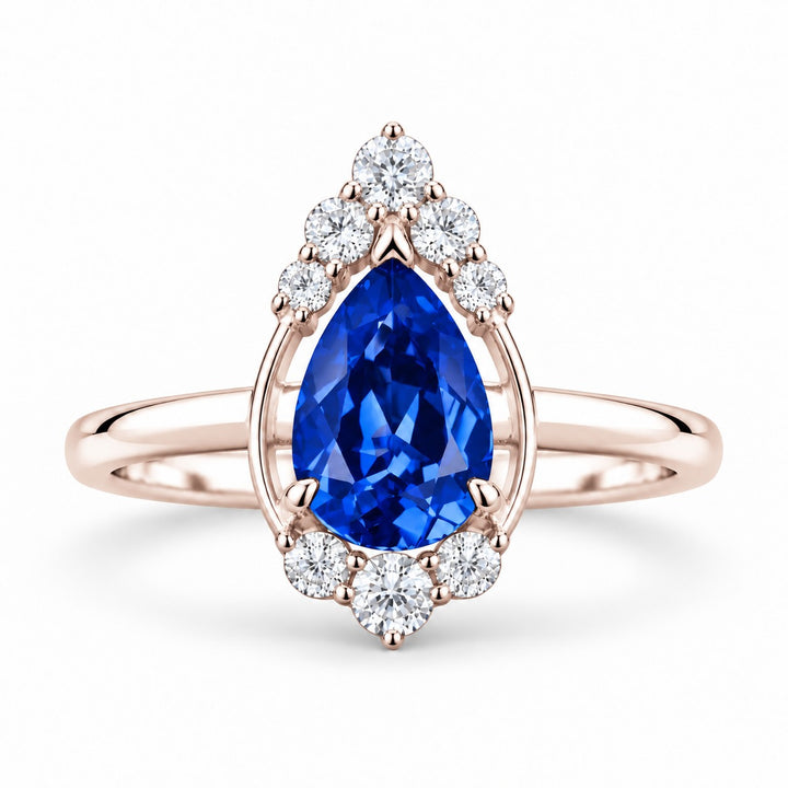 The Teardrop — Blue Pear Sapphire with Diamond Halo Ring in 14K rose gold, front view