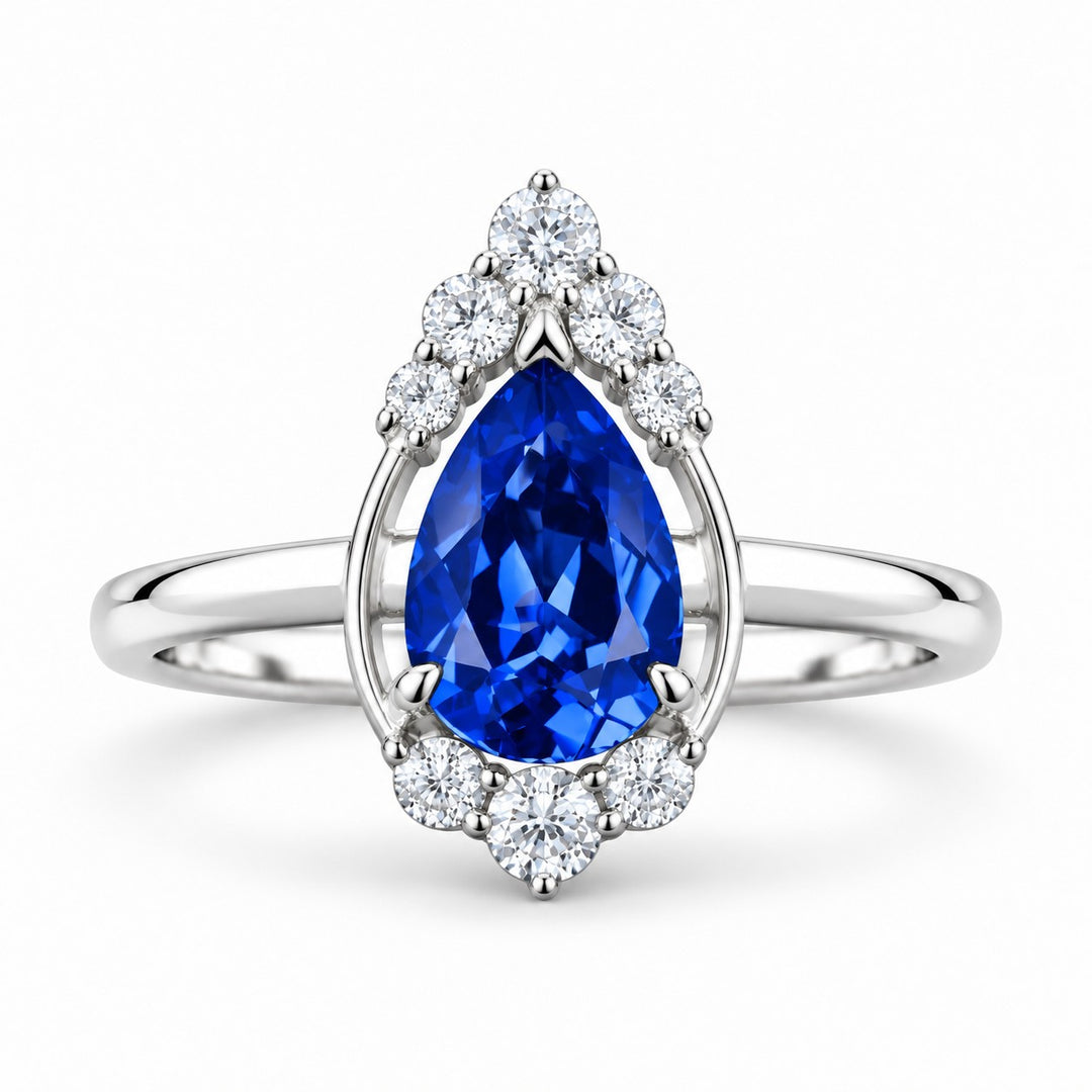 The Teardrop — Blue Pear Sapphire with Diamond Halo Ring in 14K white gold, front view