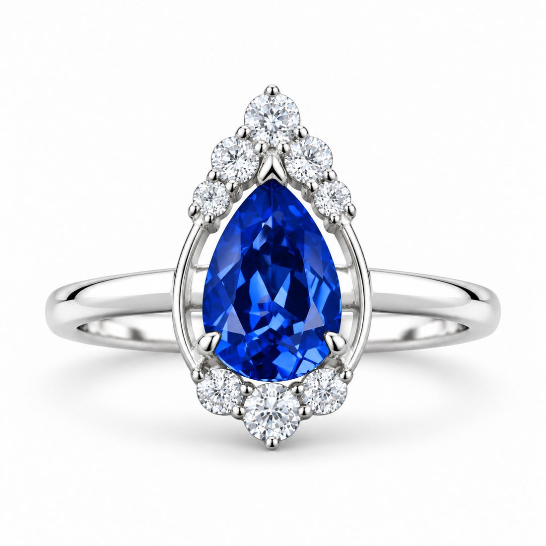 The Teardrop — Blue Pear Sapphire with Diamond Halo Ring in 14K white gold, front view