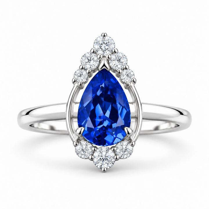 The Teardrop — Blue Pear Sapphire with Diamond Halo Ring in 14K white gold, front view