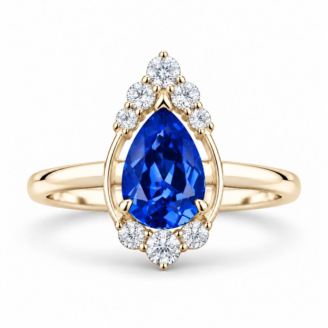The Teardrop — Blue Pear Sapphire with Diamond Halo Ring in 14K yellow gold, front view