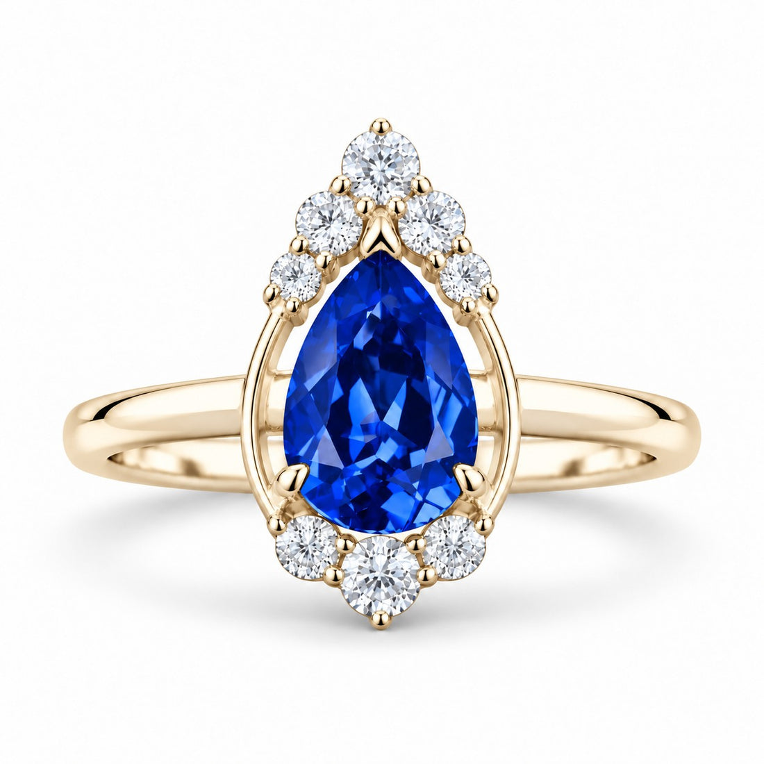 The Teardrop — Blue Pear Sapphire with Diamond Halo Ring in 14K yellow gold, front view