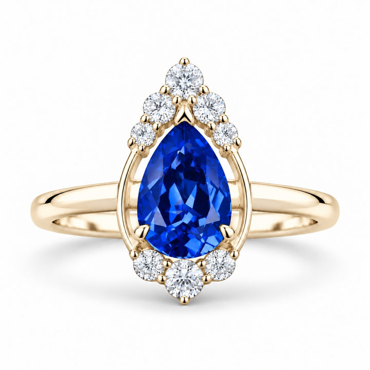 The Teardrop — Blue Pear Sapphire with Diamond Halo Ring in 14K yellow gold, front view