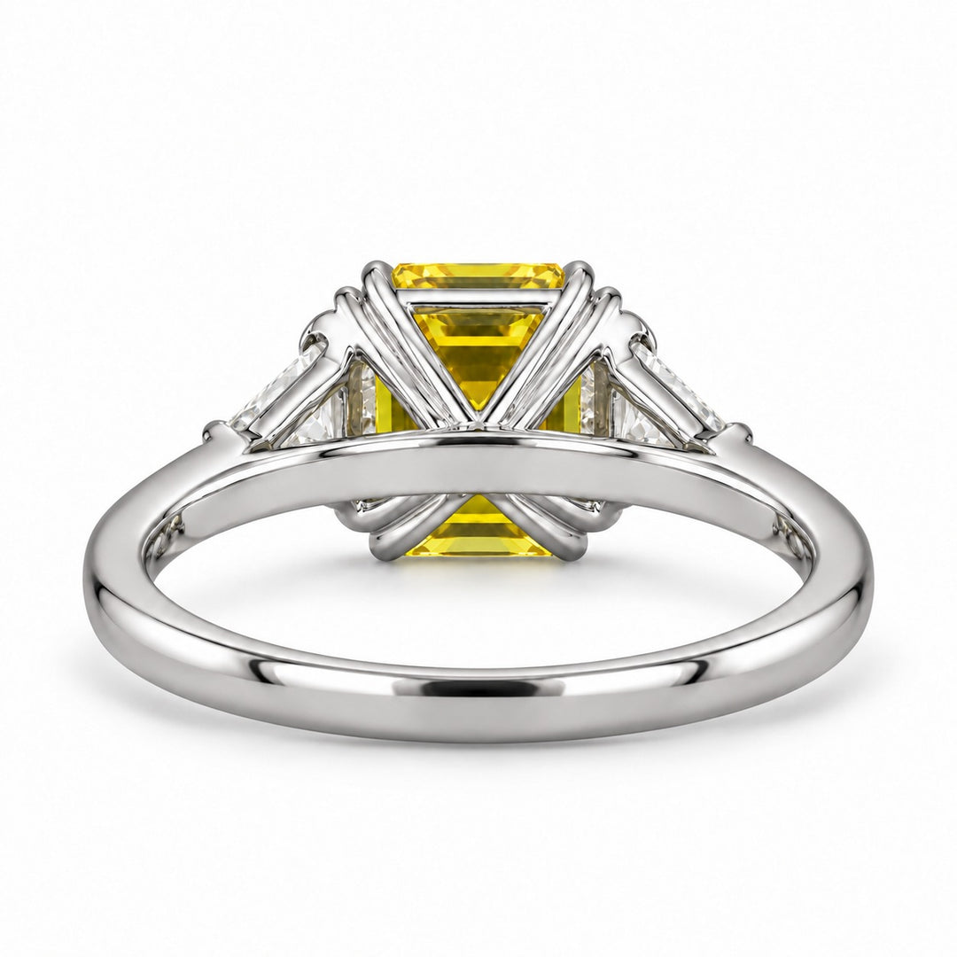 The Sundial asscher yellow lab sapphire three-stone ring in platinum, back view