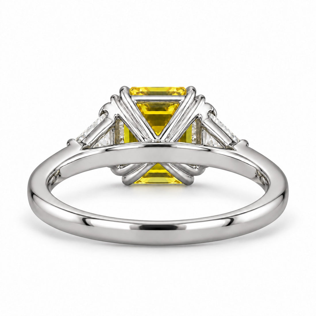 The Sundial asscher yellow lab sapphire three-stone ring in platinum, back view