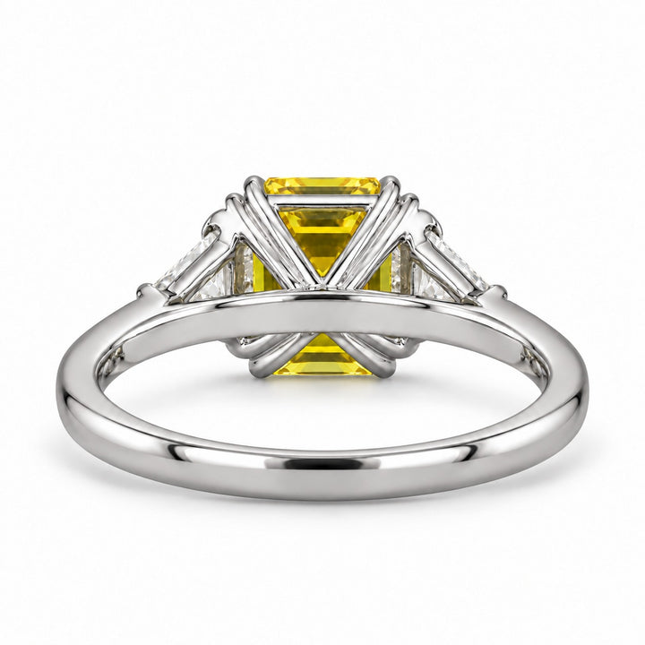 The Sundial asscher yellow lab sapphire three-stone ring in platinum, back view