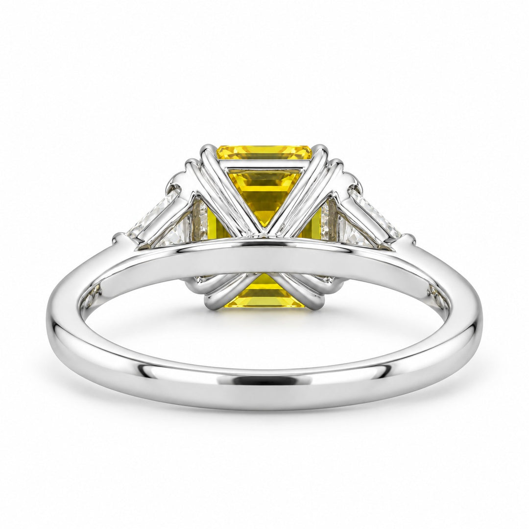 The Sundial asscher yellow lab sapphire three-stone ring in 14K white gold, back view