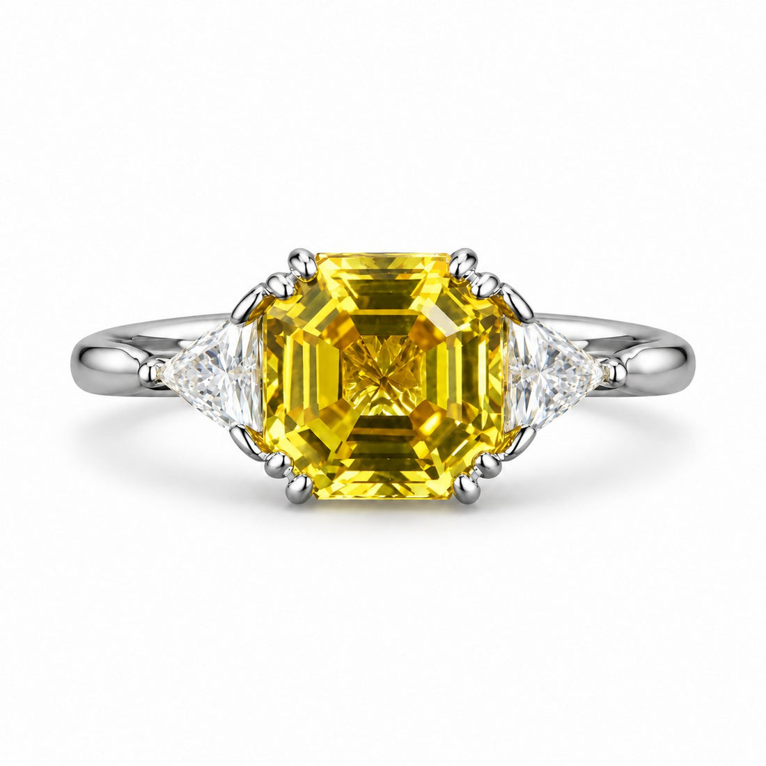 The Sundial — Asscher Yellow Sapphire Three-Stone Ring in platinum, front view