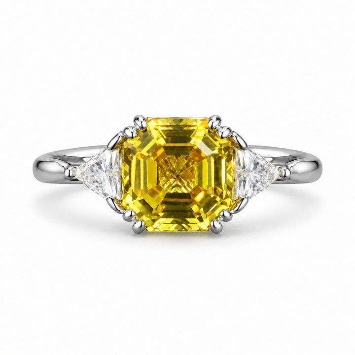 The Sundial — Asscher Yellow Sapphire Three-Stone Ring in platinum, front view