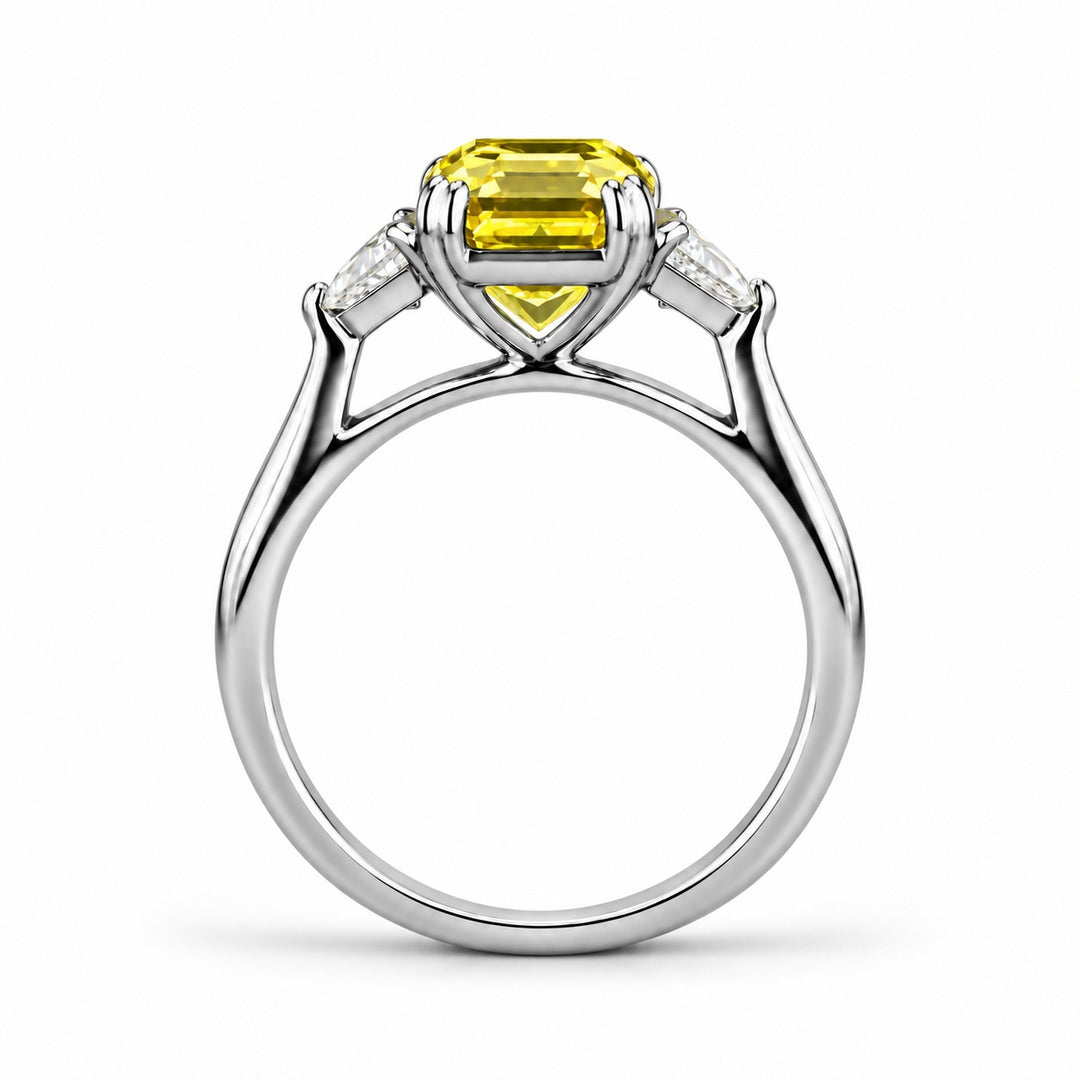 The Sundial asscher yellow lab sapphire three-stone ring in platinum, profile view