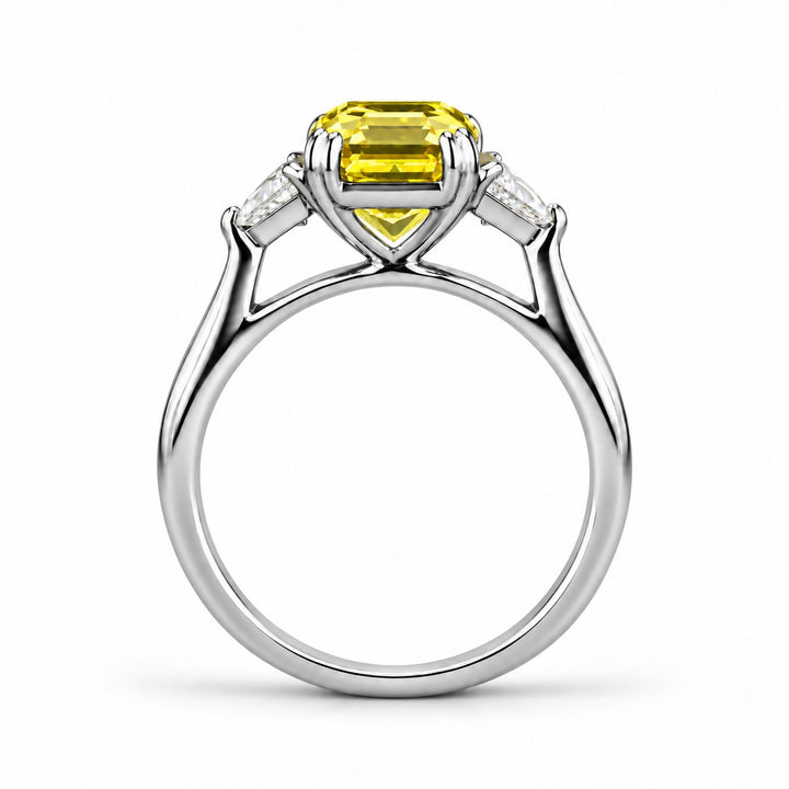 The Sundial asscher yellow lab sapphire three-stone ring in platinum, profile view