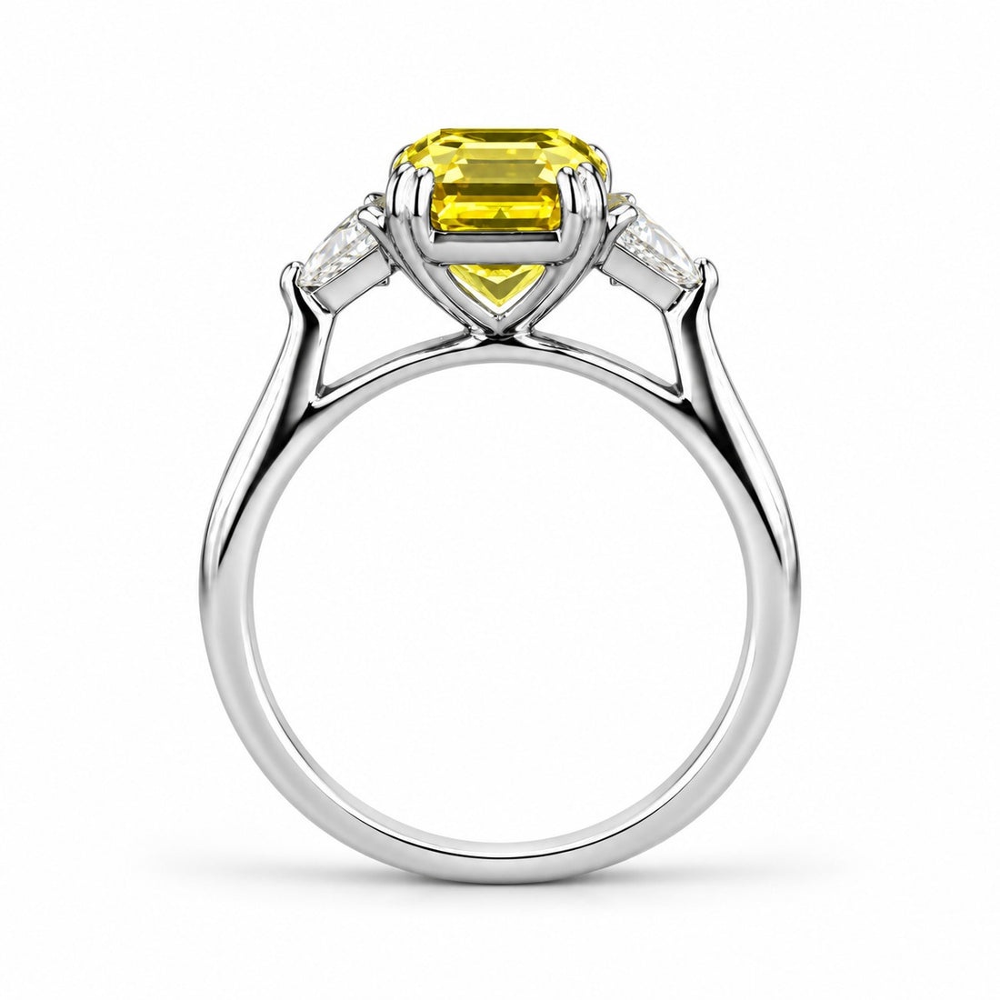The Sundial asscher yellow lab sapphire three-stone ring in 14K white gold, profile view