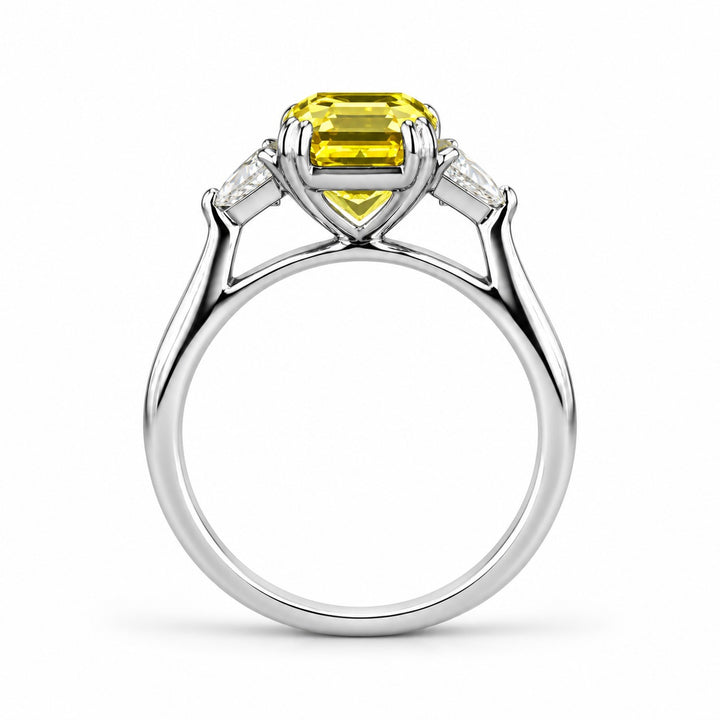 The Sundial asscher yellow lab sapphire three-stone ring in 14K white gold, profile view