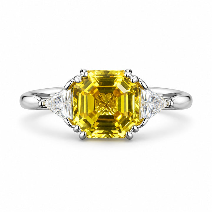 The Sundial — Asscher Yellow Sapphire Three-Stone Ring in 14K white gold, front view