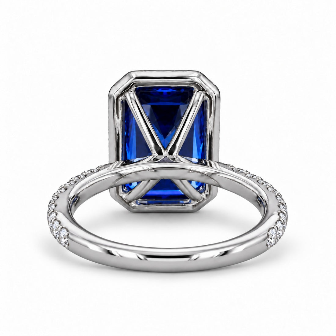 The Regalia emerald-cut lab sapphire halo ring in platinum, back view