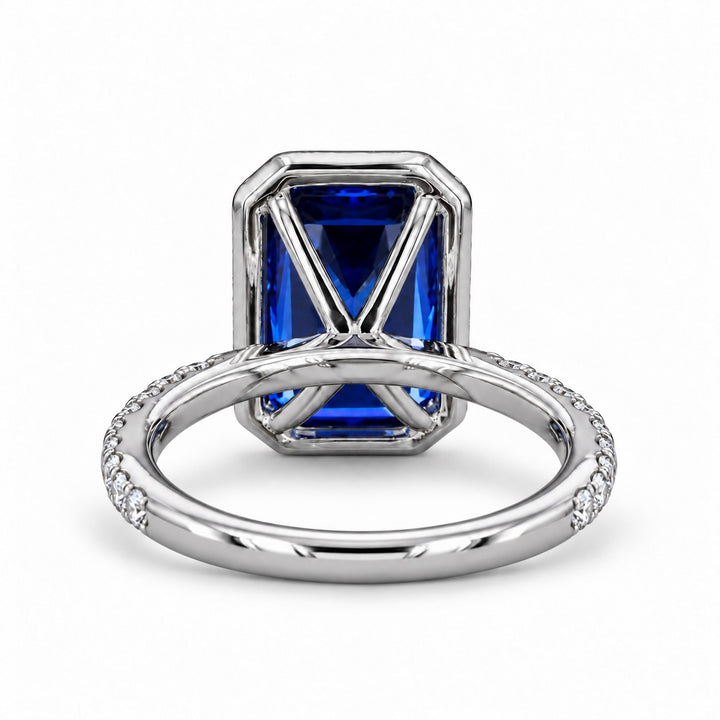 The Regalia emerald-cut lab sapphire halo ring in platinum, back view