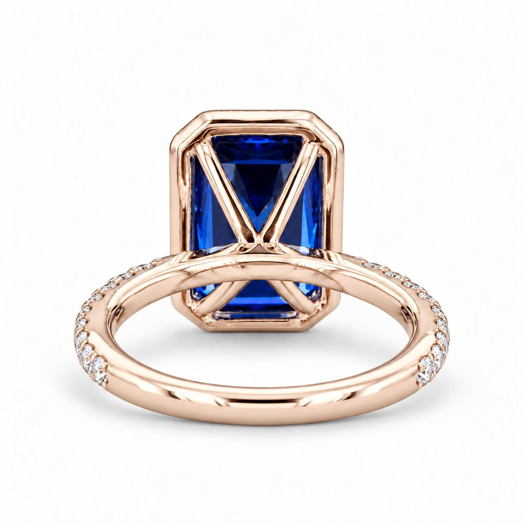 The Regalia emerald-cut lab sapphire halo ring in 14K rose gold, back view