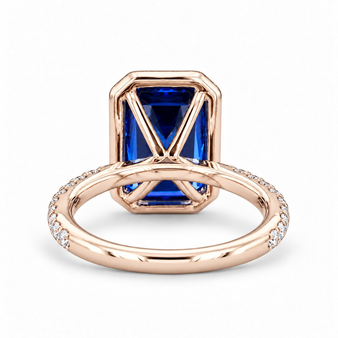 The Regalia emerald-cut lab sapphire halo ring in 14K rose gold, back view