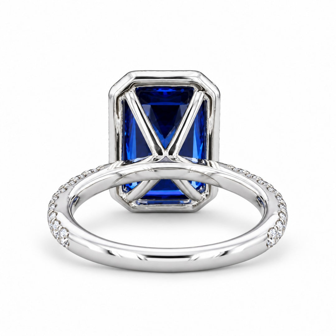 The Regalia emerald-cut lab sapphire halo ring in 14K white gold, back view