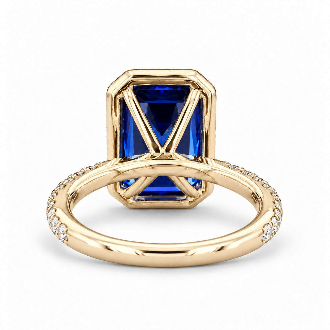 The Regalia emerald-cut lab sapphire halo ring in 14K yellow gold, back view