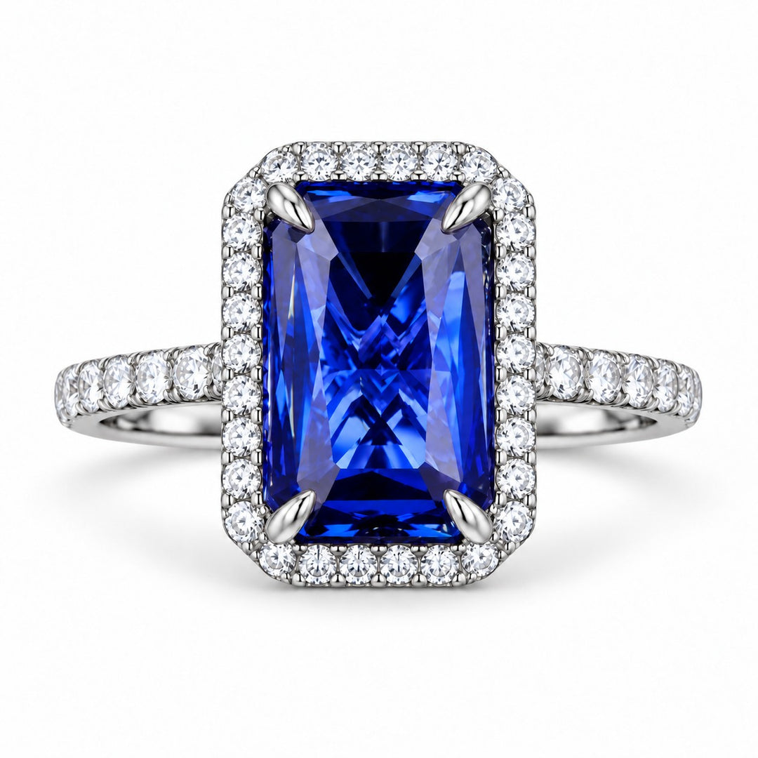The Regalia — Blue Emerald Sapphire with Diamond Halo & Half-Eternity Ring in platinum, front view