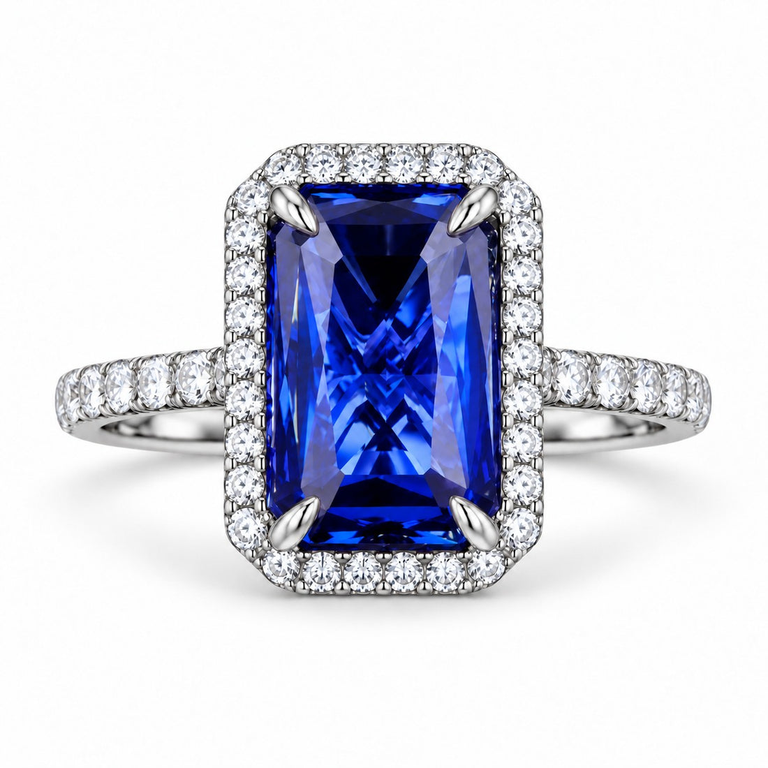 The Regalia — Blue Emerald Sapphire with Diamond Halo & Half-Eternity Ring in platinum, front view