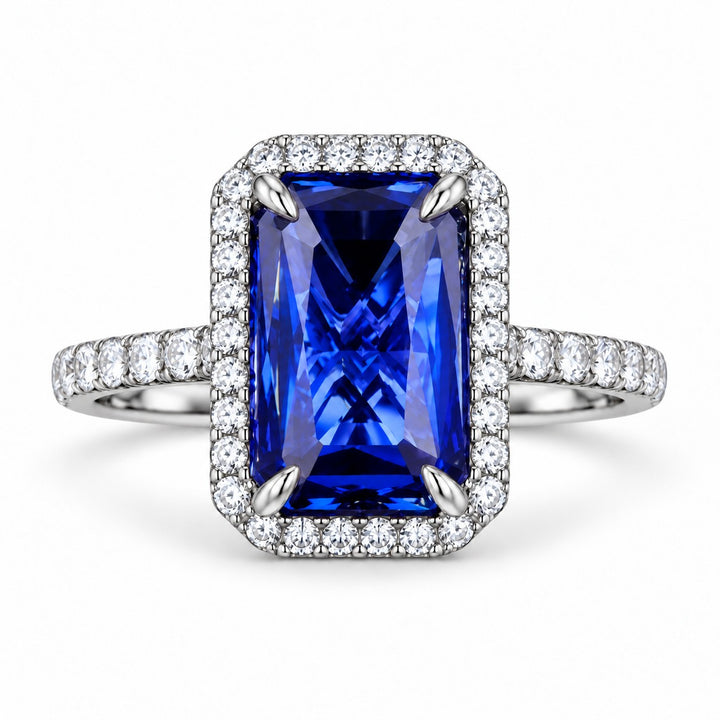 The Regalia — Blue Emerald Sapphire with Diamond Halo & Half-Eternity Ring in platinum, front view