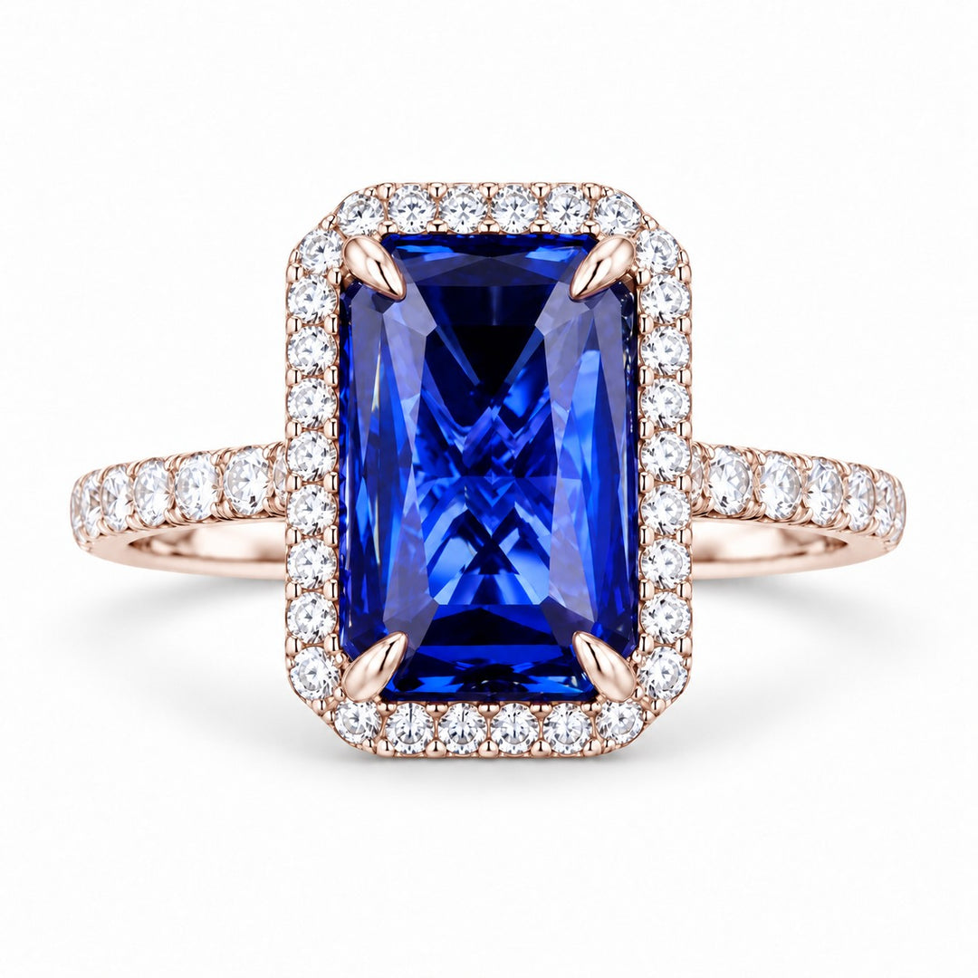 The Regalia — Blue Emerald Sapphire with Diamond Halo & Half-Eternity Ring in 14K rose gold, front view