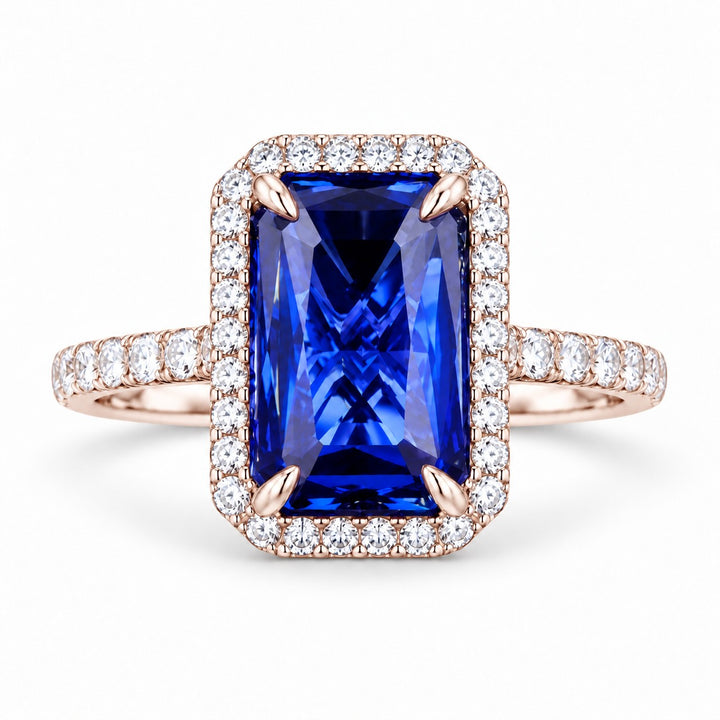 The Regalia — Blue Emerald Sapphire with Diamond Halo & Half-Eternity Ring in 14K rose gold, front view