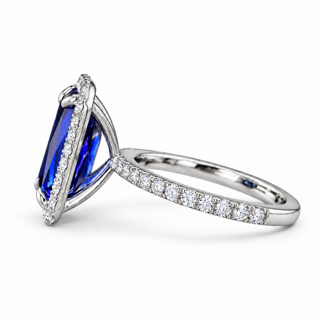 The Regalia emerald-cut lab sapphire halo ring in platinum, side view