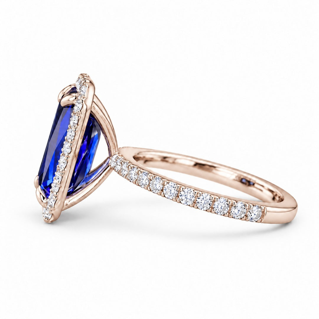 The Regalia emerald-cut lab sapphire halo ring in 14K rose gold, side view