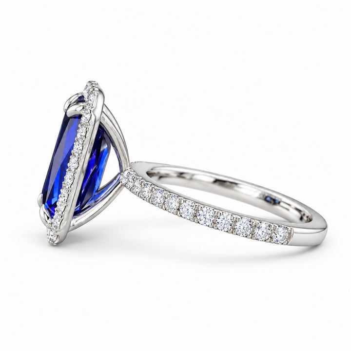The Regalia emerald-cut lab sapphire halo ring in 14K white gold, side view