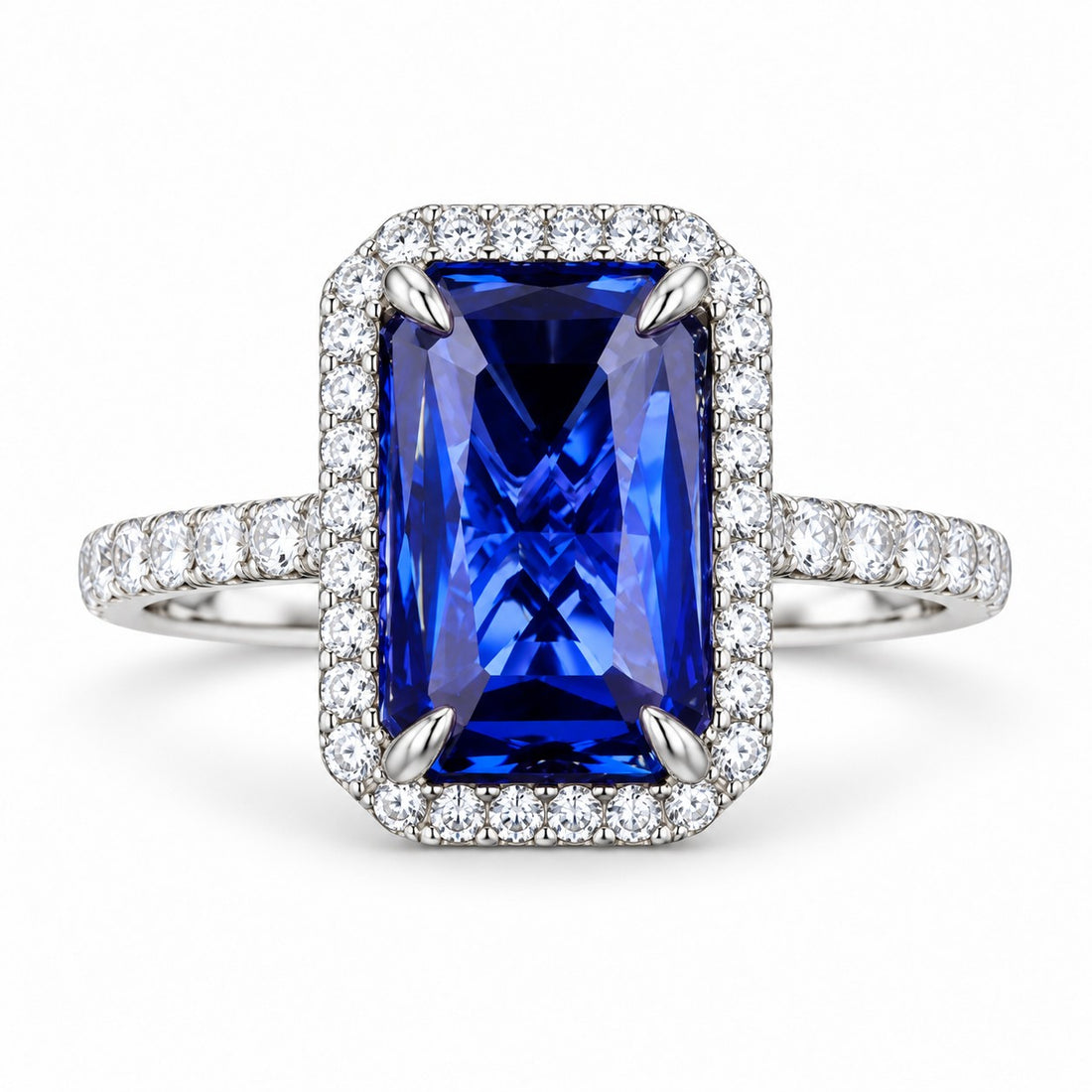 The Regalia — Blue Emerald Sapphire with Diamond Halo & Half-Eternity Ring in 14K white gold, front view