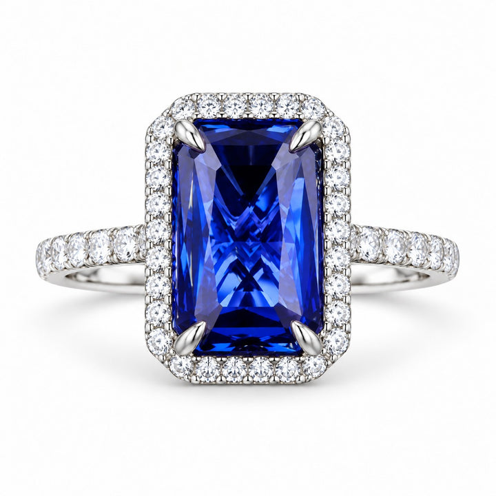 The Regalia — Blue Emerald Sapphire with Diamond Halo & Half-Eternity Ring in 14K white gold, front view