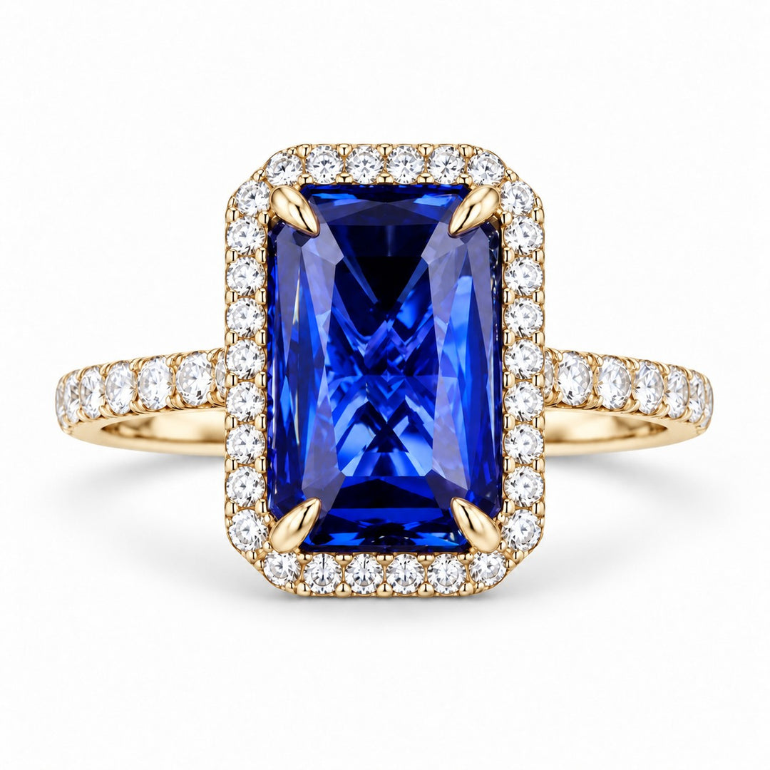 The Regalia — Blue Emerald Sapphire with Diamond Halo & Half-Eternity Ring in 14K yellow gold, front view