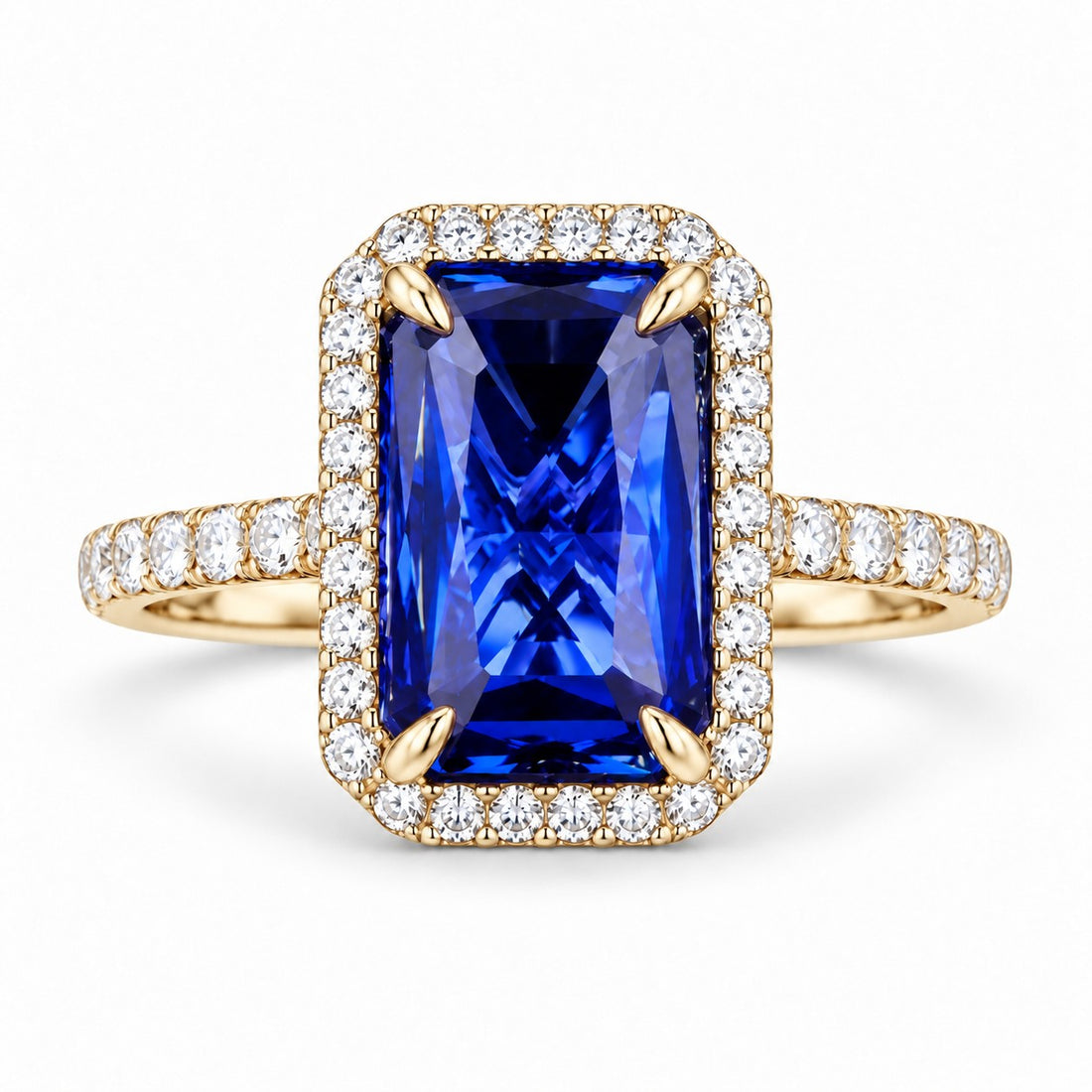 The Regalia — Blue Emerald Sapphire with Diamond Halo & Half-Eternity Ring in 14K yellow gold, front view