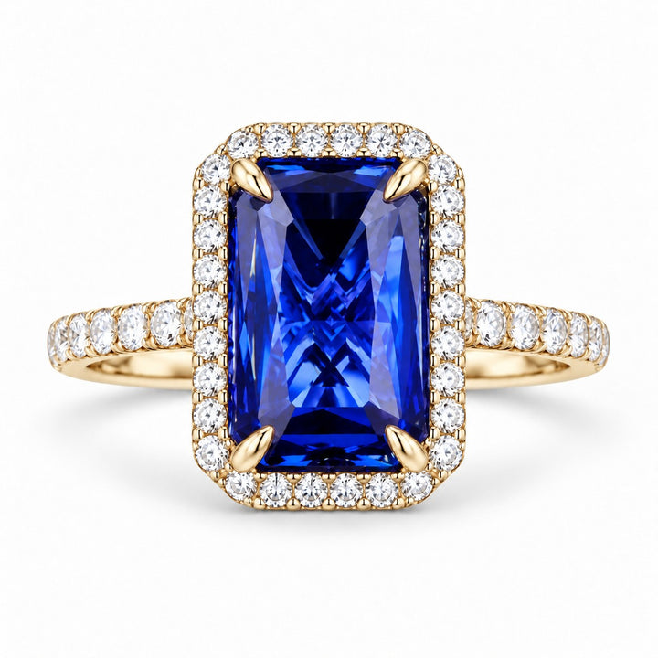 The Regalia — Blue Emerald Sapphire with Diamond Halo & Half-Eternity Ring in 14K yellow gold, front view