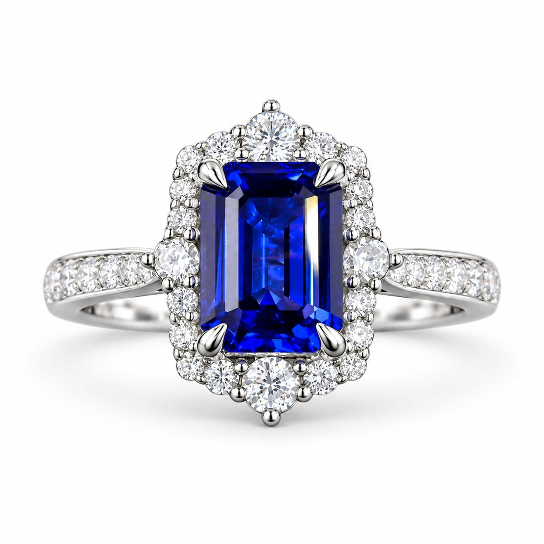 The Coronet — Blue Emerald Sapphire with Vintage Halo & Half-Eternity Ring in 14K white gold, front view