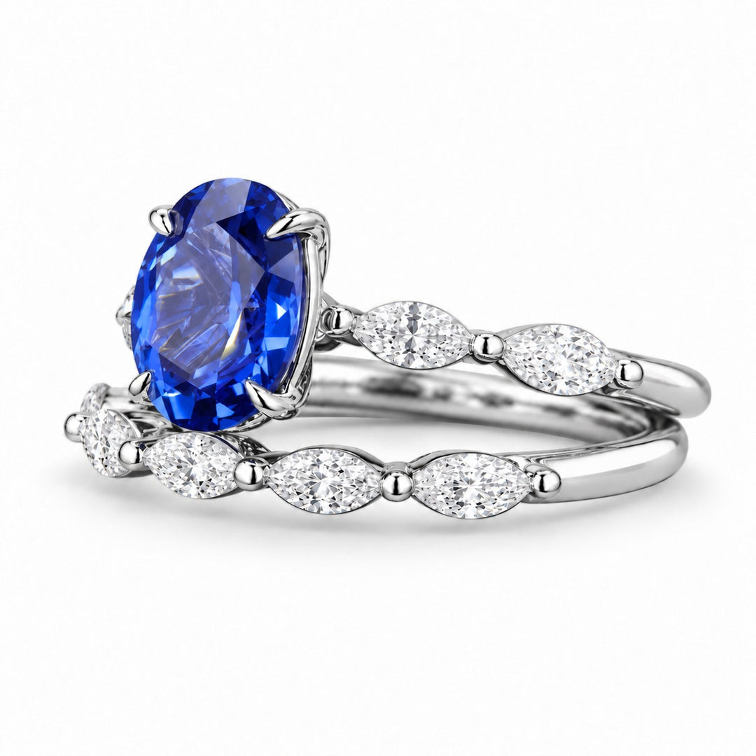 The Maeve Set oval lab sapphire ring and band in platinum, angled view